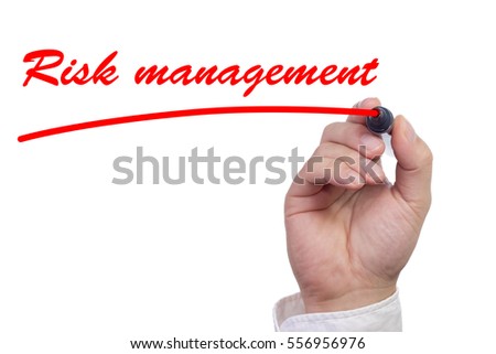 Hand underlining the work risk management in red isolated on white