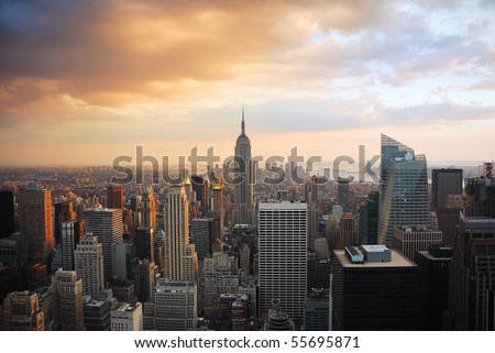New York City Manhattan skyline at sunset with empire state building