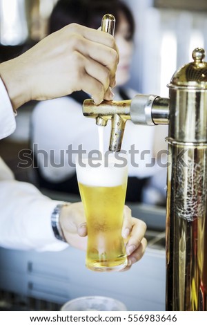 Pouring fresh beer. Close up of young bartender pouring beer while standing at the bar counter.