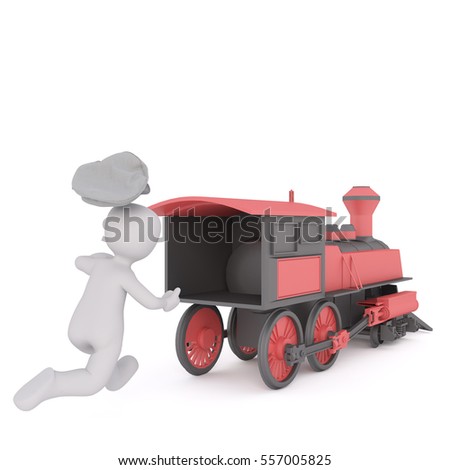3d Conductor or driver running after a departing train engine with his cap flying off behind him, rendered cartoon illustration on white