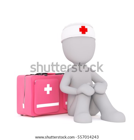 3d nurse or doctor with a medical first aid kit in a box sitting waiting on the ground in a healthcare concept, rendered cartoon illustration on white