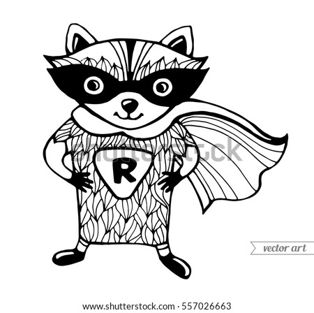 Raccoon isolated. Superhero cartoon animal. Funny character. Vector. Black and white. Coloring book pages for adult, kids. Zentangle artwork. Illustration, gift card, branding, logo, label, emblem