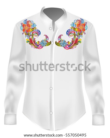 shirt with colorful print on a black background, fashion illustration
