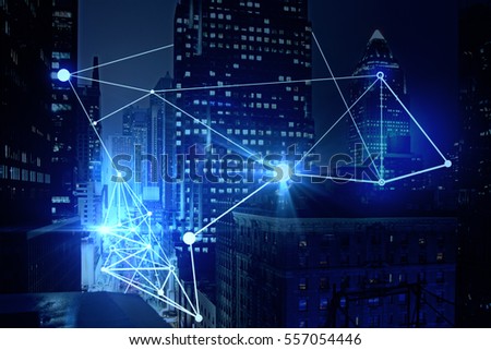 Abstract connected dots on blue city background. Technology concept
