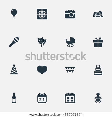 Set Of 16 Simple Birthday Icons. Can Be Found Such Elements As Baby Carriage, Days, Confectionery And Other.