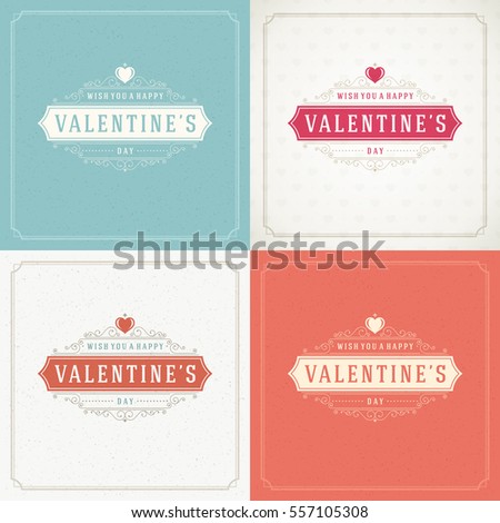 Happy Valentines Day Greeting Cards or Posters Set Vector illustration. Retro typography design and texture background. Heart shape symbol and elements, Love Concept.