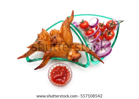 smoked chicken wings and cherry tomatoes on a white background. horizontal pictures - top view.