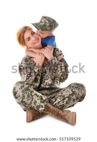 Portrait of woman soldier and her son on white background