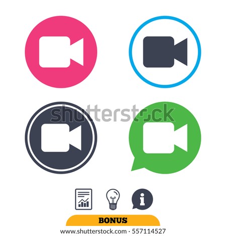 Video camera sign icon. Video content button. Report document, information sign and light bulb icons. Vector