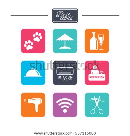 Hotel, apartment services icons. Wifi internet sign. Pets allowed, alcohol and air conditioning symbols. Colorful flat square buttons with icons. Vector