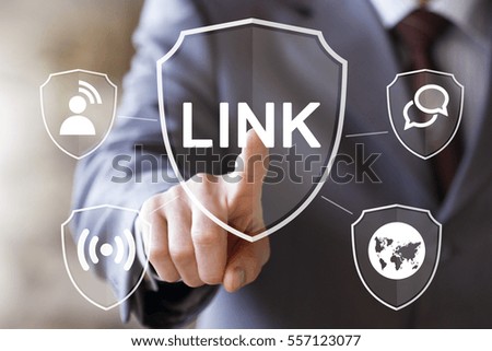Businessman pushing button link shield security virus icon network