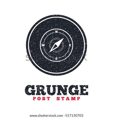 Grunge post stamp. Circle banner or label. Compass sign icon. Windrose navigation symbol. Dirty textured web button. Vector