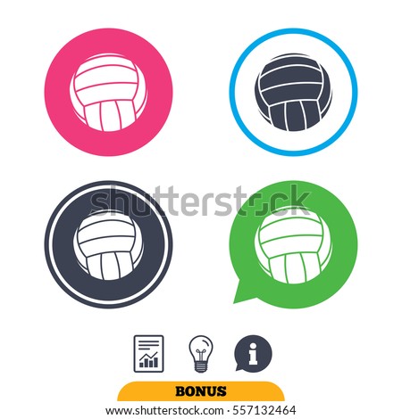 Volleyball sign icon. Beach sport symbol. Report document, information sign and light bulb icons. Vector