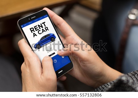 rent a car  concept: girl using a digital generated phone with fresh and modern website on the screen. All screen graphics are made up.