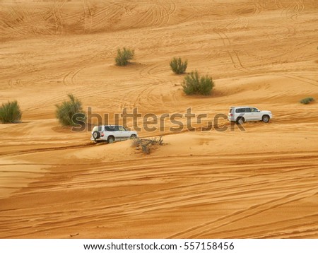 Daylight evening scene with different vehicles crossing the arabian dessert while taking a desert safari, photography showing the beauty and unique environment surrounding Dubai, UAE.