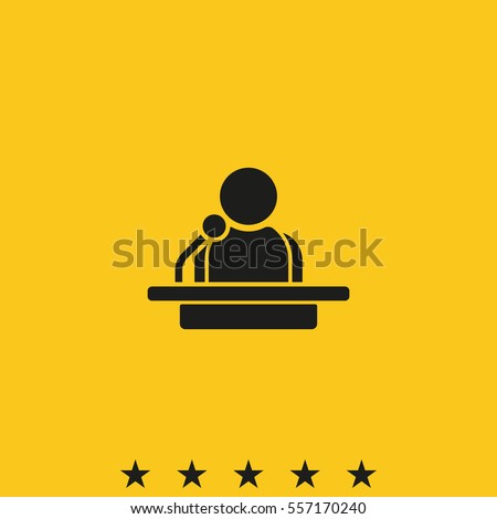 Speaker vector icon isolated on yellow background. Orator speaking from tribune illustration. Public speaking clipart. Simple flat narrator pictogram. Royalty-Free Stock Photo #557170240