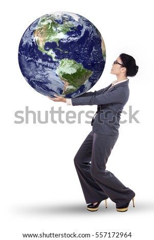 Businesswoman holding earth planet isolated on white background