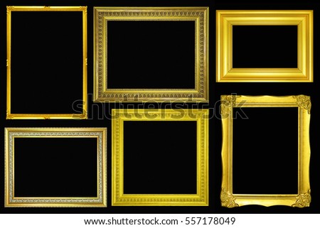 collection of Gold vintage picture and photo frame isolated on black background