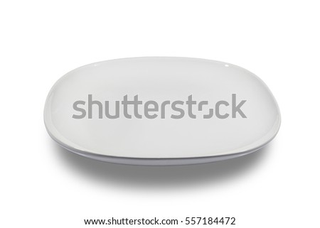 Flat white square plate with rounded corners on white background from side