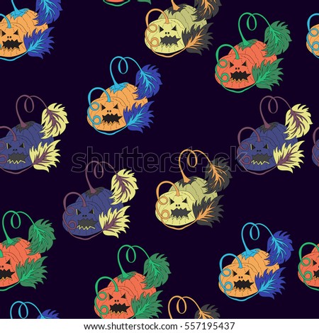 Pumpkin for Halloween. Colored festive vegetable. Seamless pattern. Freehand sketch. Bright illustration on a black background.