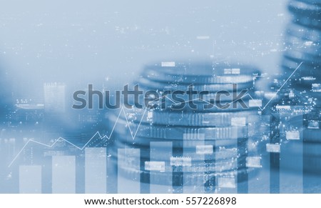 Double exposure coins with night city and column graph, Finance and banking concept