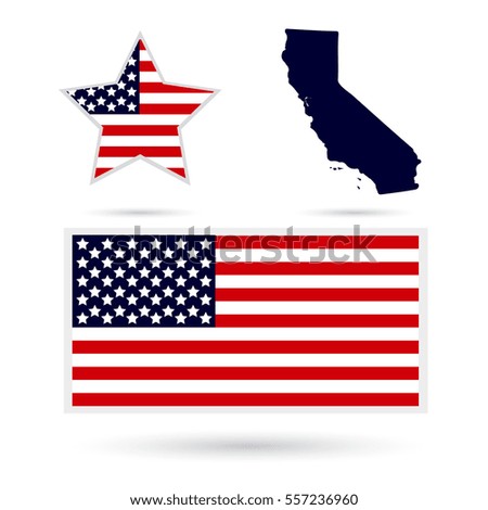 Map of the U.S. state of California on a white background. American flag, star.