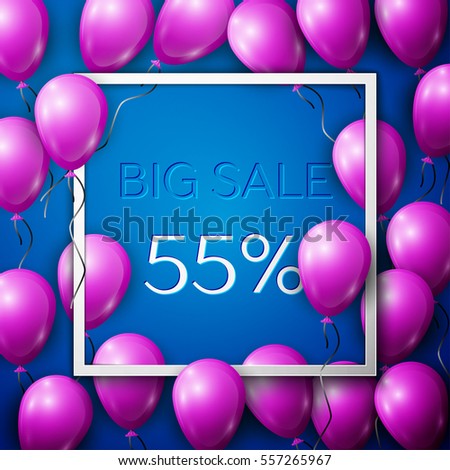 Realistic purple balloons with black ribbon in centre text Big Sale 55 percent Discounts in white square frame over blue background. SALE concept for shopping, mobile devices, online shop.