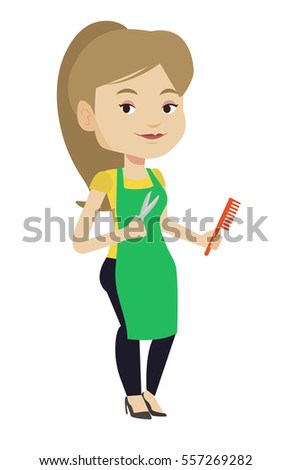 Full length of young female hairstylist holding comb and scissors in hands. Professional caucasian female hairstylist ready to do haircut. Vector flat design illustration isolated on white background.