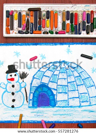 Colorful drawing: Winter landscape, igloo and snowman