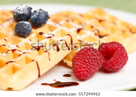 Waffles with powder sugar and berries and chocolate sauce, closeup, low focus