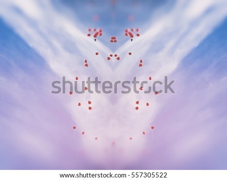 Countless red love balloons flying to heaven against sky background. Heart shaped balloon on blue sky for wedding cards concept, bridal blogs and magazines, lens flare, image with retro filter effect