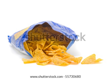 Opened pack of delicious spicy nachos over white background