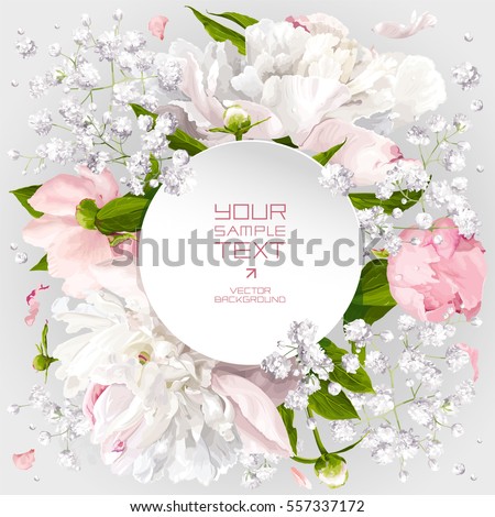 Romantic flower invitation or greeting card for wedding decoration, Valentine's Day, sales and other events with little white flowers and round paper label. Royalty-Free Stock Photo #557337172