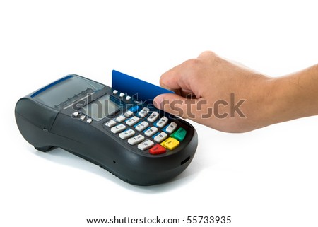 Hand swiping generic credit card on an over counter POS terminal Royalty-Free Stock Photo #55733935