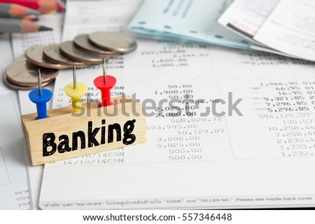 Text message Banking on wooden with book back, Finance concept