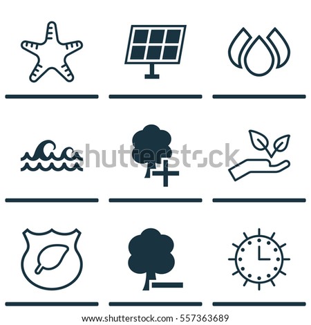 Set Of 9 Ecology Icons. Includes Ocean Wave, Delete Woods, Save World And Other Symbols. Beautiful Design Elements.