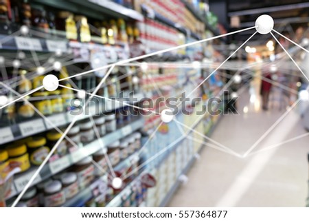 Deep learning , Neural networks , Machine learning and artificial intelligence concept. Atom connect with blur retail supermarket shop store background
