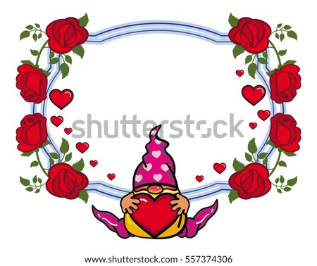 Oval label with roses and cute gnome holding heart. Design element for holiday decorations, greetings, Valentine day and birthday cards. Vector clip art.