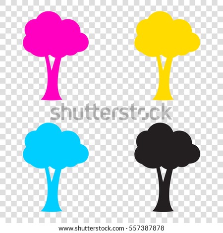 Tree sign illustration. CMYK icons on transparent background. Cyan, magenta, yellow, key, black.
