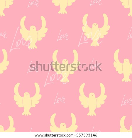 Seamless pattern with cartoon cute flying doves and words Love. Vector illustration of bird print, wedding textile, pigeon ornament. Care background, piece and hope texture, romantic decoration.