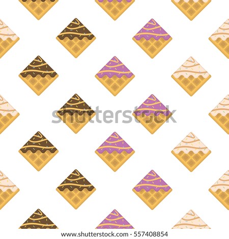 Colorful seamless pattern. Vanilla waffles with glaze and sprinkles. Sweet texture
