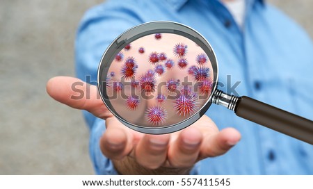 Close up on a sick man hand through magnifying glass transmitting virus by skin contact 3D rendering Royalty-Free Stock Photo #557411545