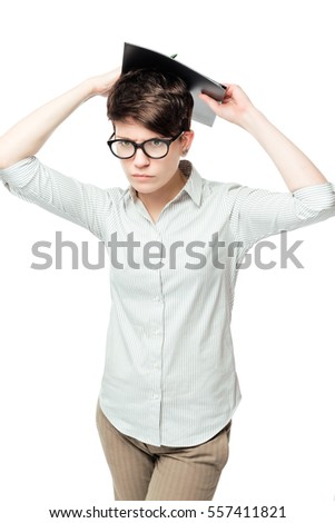 angry wicked business woman in glasses on a white background isolated