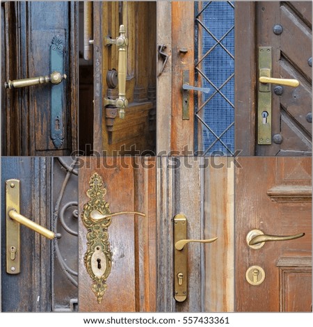 A collage of photos on door handles .