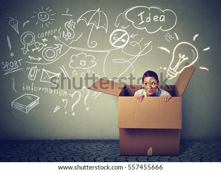 Think outside the box concept. Young woman coming out of box isolated on info graphic gray wall background 