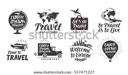 Travel set icons. Handwritten lettering. Label vector illustration Royalty-Free Stock Photo #557471227