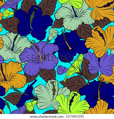 Seamless tropical flowers in violet, blue and yellow colors. Hibiscus vector seamless pattern.