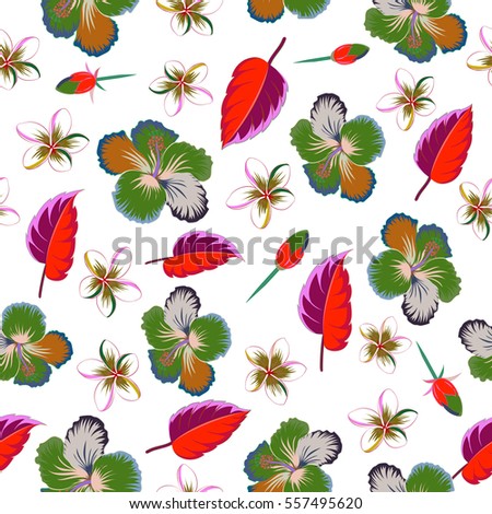 Multicolor vector pattern on white background. Vintage tropical hibiscus flowers, leaves and buds.