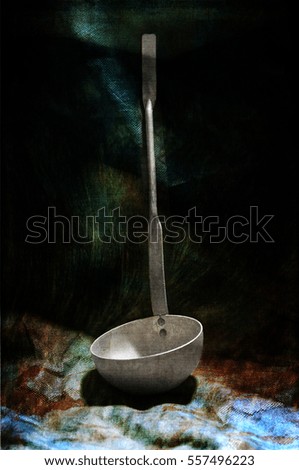 Vertical shot of soup ladle against colorful artsy background.  Photo with texture layers