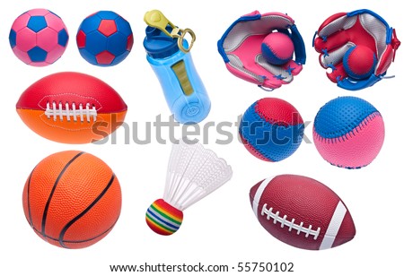Variety of Toy Sports Objects Isolated on White.  Including Soccer Balls, Footballs, Baseballs, Baseball Glove, Shuttlecock, Basketball and Water Bottle. Royalty-Free Stock Photo #55750102